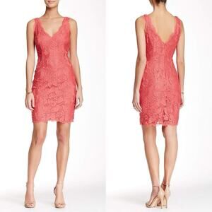 Trina Turk Coral Lily Ornate Floral Lace Sheath Dress Size 6 Keyhole Cocktail